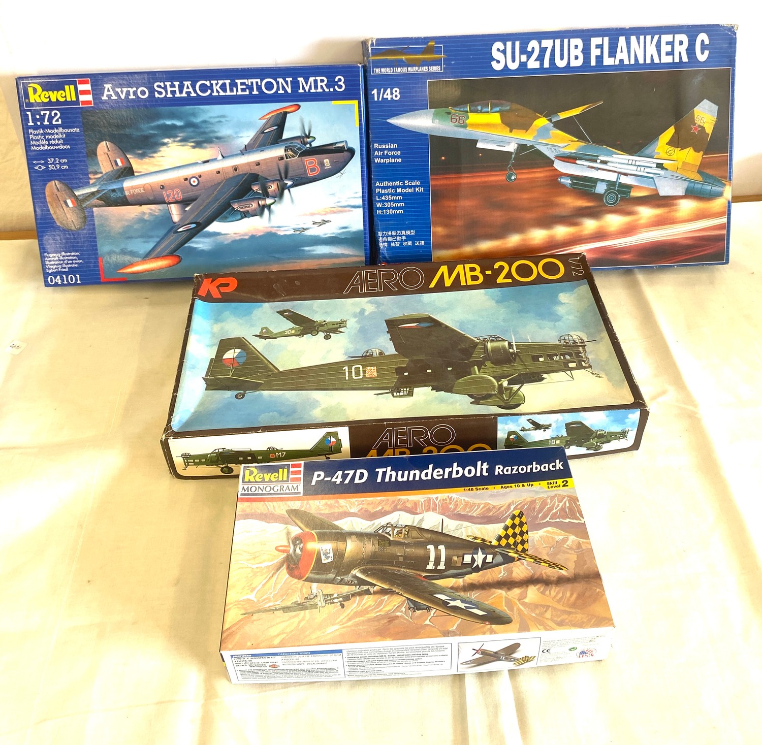 Selection of 4 boxed model air crafts includes, Revell Avro Shackleton MR.3, SU 27ub flawker c, Aero
