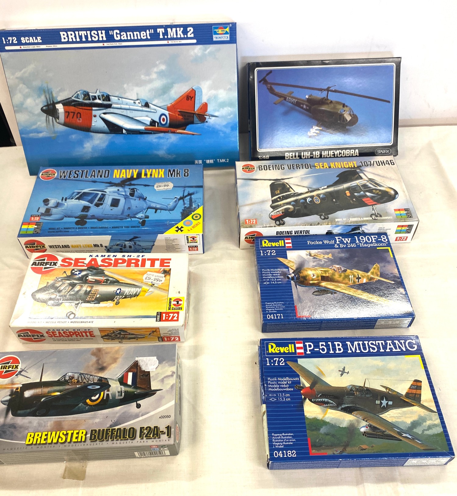 Selection of 8 boxed airfix models to include, Trumpeter gannet T.MK.2, Airfix Seasprite, Buffalo