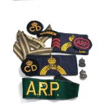 Selection of ww2 home front badges / armbands etc including silver arp badge