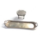 Vintage miniature silver table and tray tray measures approx 14.8cm by 4cm the table 4.6cm by 3.