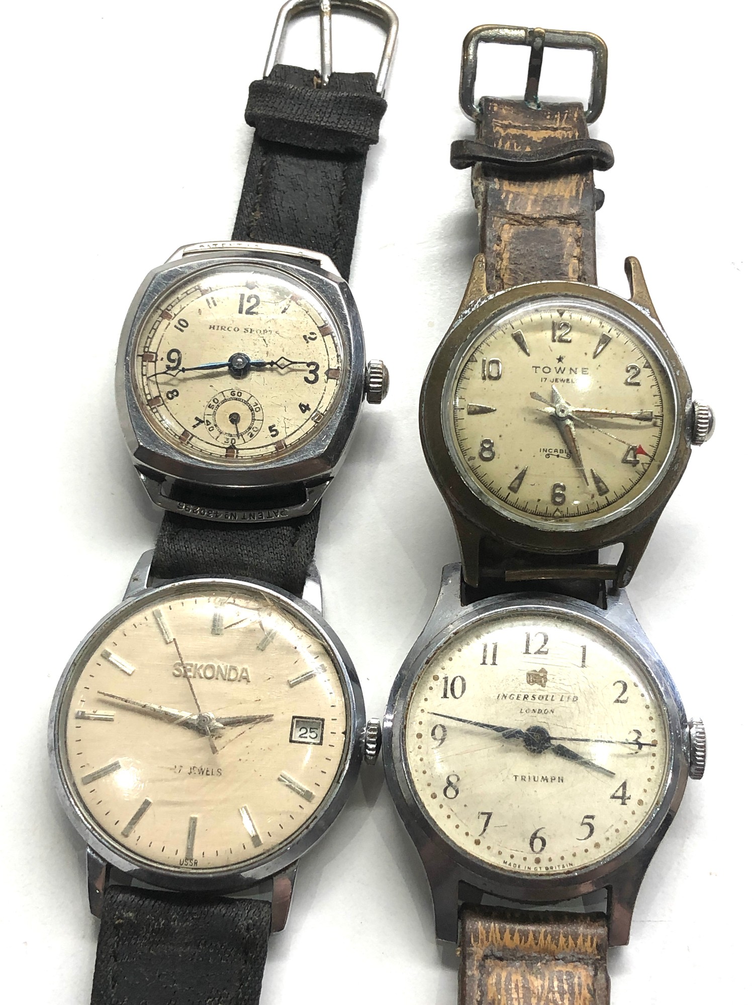 Selection of 4 vintage gents wrist watches includes towne ingersoll sekonda hirco sports untested