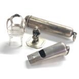 Selection of small silver items includes whistle silver cased amber cheroot miniature figure and