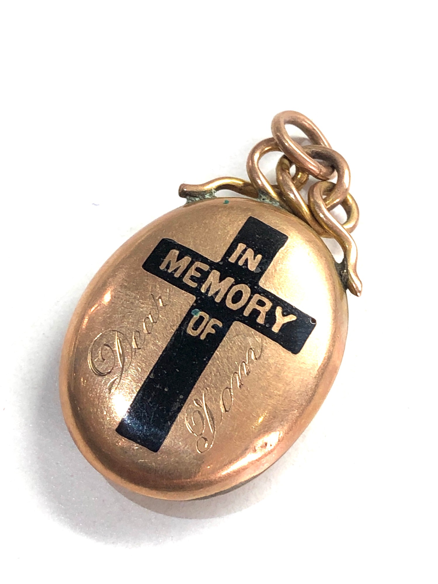 Antique 9ct gold mourning 'In Memory Of' photo locket with enamel cross, missing glass 3.4g