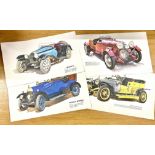 Selection 4 car prints to include Bugatti, Rolls Royce, Morris etc