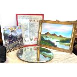 Oval frameless mirror, LNER sign, picture in frame and framed tapestry