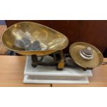 Vintage scales and weights, approximate measurements: Height 12.5 inches, Width 24.5 inches, Depth