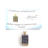 Certificated 9ct gold blue sapphire & diamond pendant 6.2g