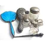 Selection of silver item includes silver enamel brush trinket jars etc