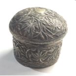 Asian silver lidded round box leaf embossed measures approx 7.6cm dia height 6.7cm weight 146g xrt