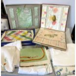 Box of vintage linen items Irish linen, tablecloths, towels