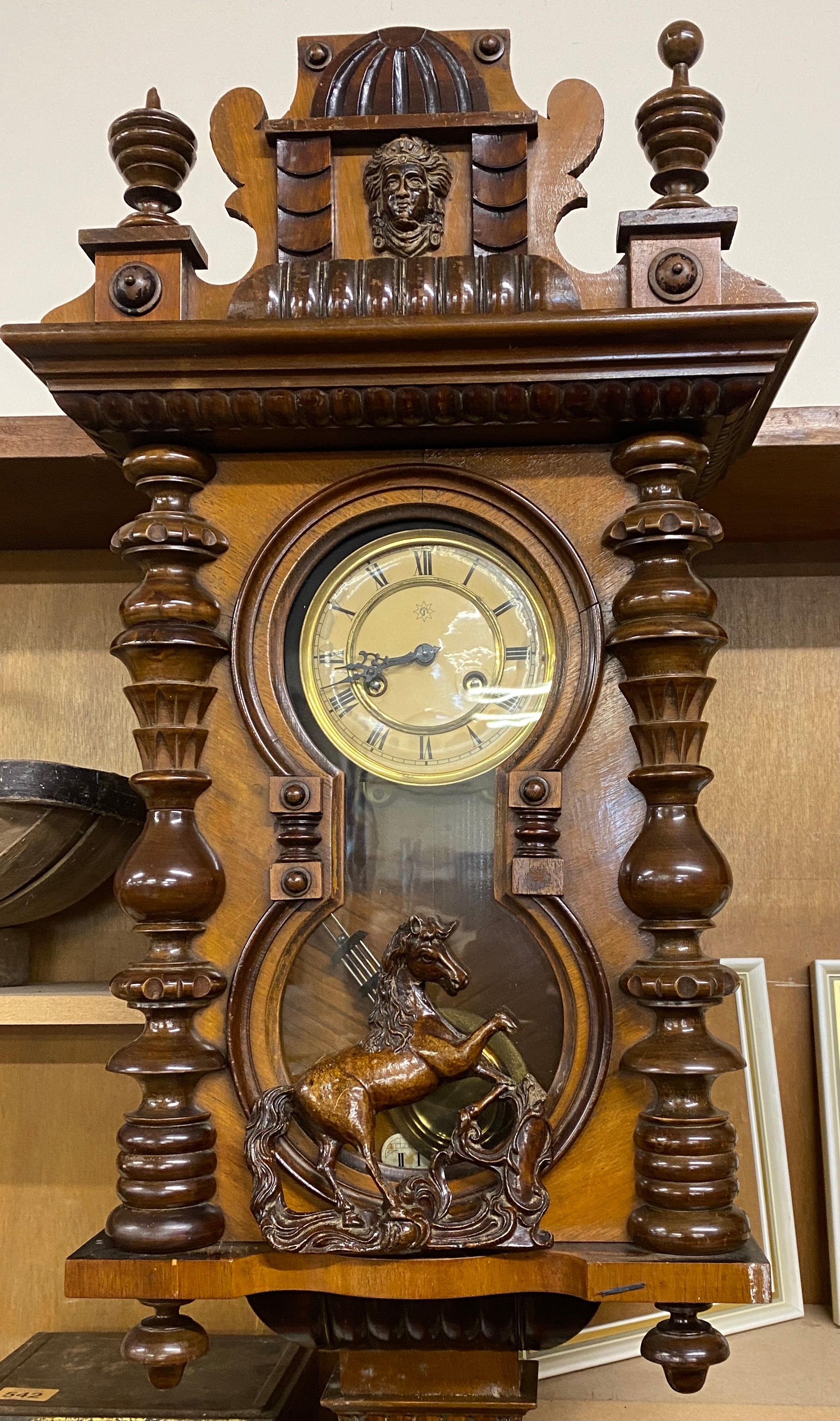 Vienna Springer wall clock, horse finial needs attaching, missing bottom finial, has key and - Image 2 of 3