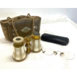 Cased opera binoculars, some damage, Antique gold spectacles