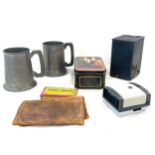 Selection miscellaneous items to include tankards, tins, cameras etc