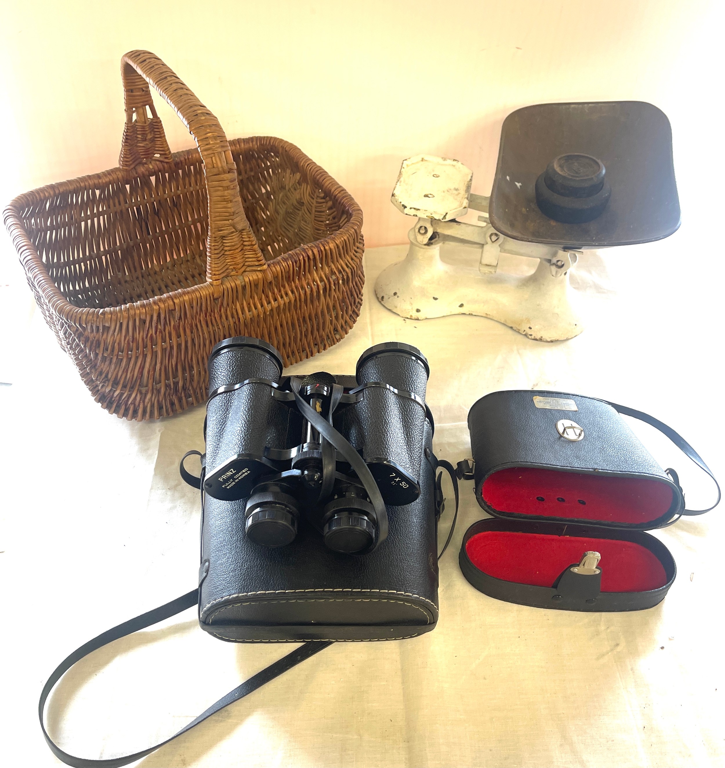 Selection of items to include Prinz binoculars, cases, wicker basket, antique scales and weights