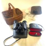 Selection of items to include Prinz binoculars, cases, wicker basket, antique scales and weights