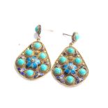 Chinese silver gilt filigree turquoise and enamel earrings measure approx 4.4cm drop by 2.5cm wide