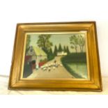Framed antique oil painting by Y Young, Dutch scene, some damage to frame as seen in image,