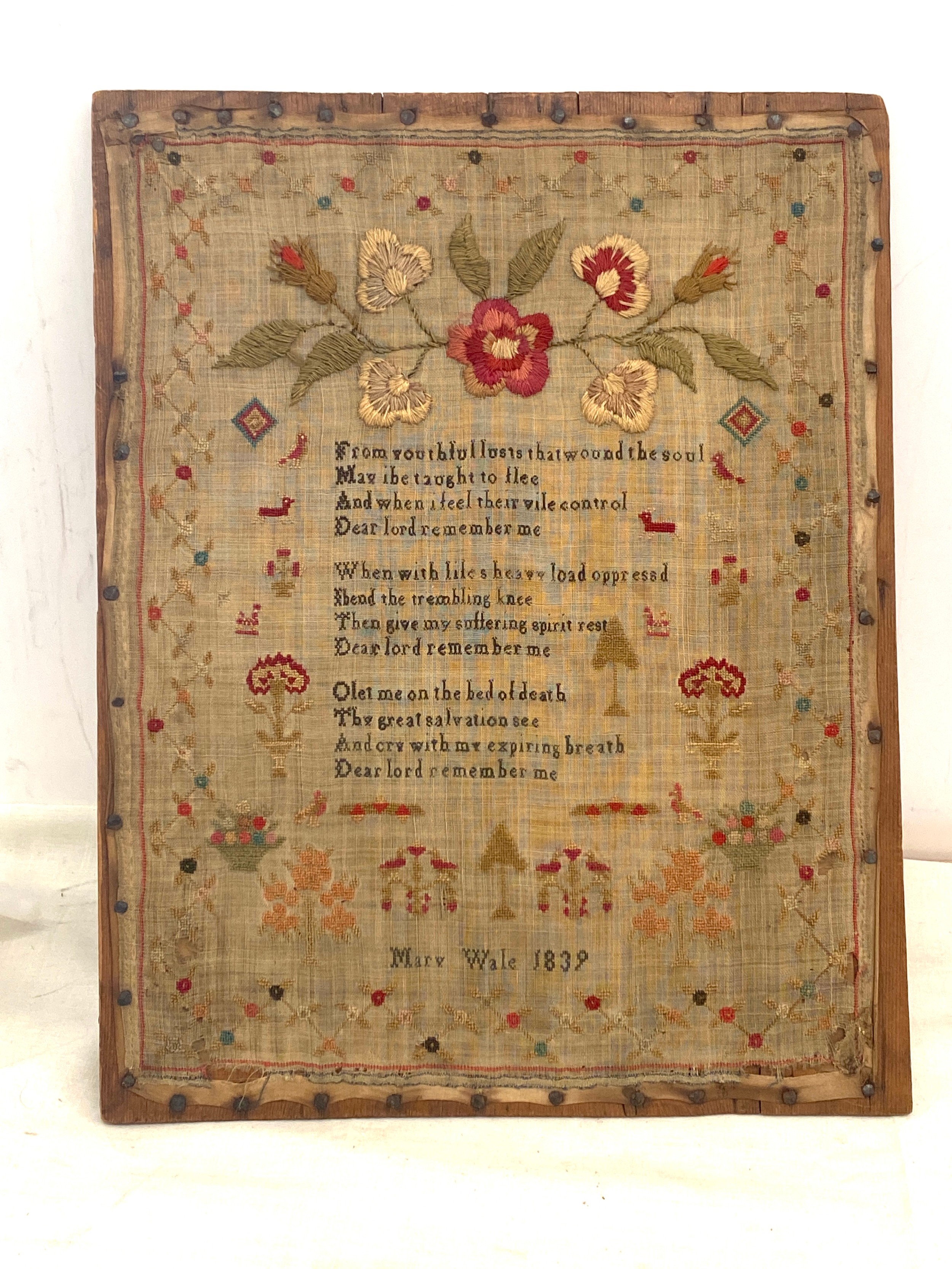 Antique sampler Mary Wale 1839, Approximate measurements: Width 13 inches, Height 16.5 inches