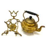 Ornate vintage brass kettle with stand, overall height (including stand) is approximately 12.5