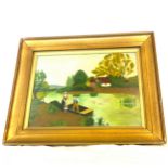 Framed antique oil painting by Y Young, Dutch scene, some damage to frame as seen in image,