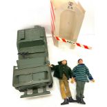 2 Vintage Action man / men, jointed, blonde hair and jointed brown hair, 1975 Action man jeep etc