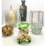 Large selection miscellaneous to include egg candle, Jeremy Fisher jug, glass bowl etc