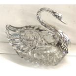 Silver and cut glass swan dish, wings on swan open out overall good condition