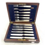 Vintage boxed silver plated, mother of pearl handled knife and fork set