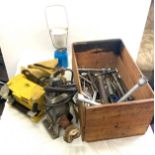 Large selection of tools in wooden crate