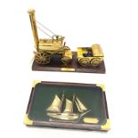 Stephensons rocket train and carriage, framed / cased brass boat Galeta 1770