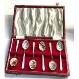 Boxed set of silver and enamel tea spoons in good condition Birmingham silver hallmarks each