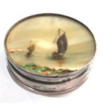 Antique hand painted m.o.p & silver pill box measures approx 5cm dia height 1.5cm Birmingham