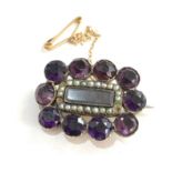 Antique georgian gold amethyst and seed-pearl mourning brooch measures approx 3cm by 2.2cm missing