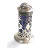 Large antique blue glass liner silver caster by elkington Birmingham silver hallmarks measures