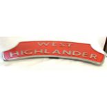 Vintage West highlanders sign, approximate measurements: Width 33 inches, Height 13 inches
