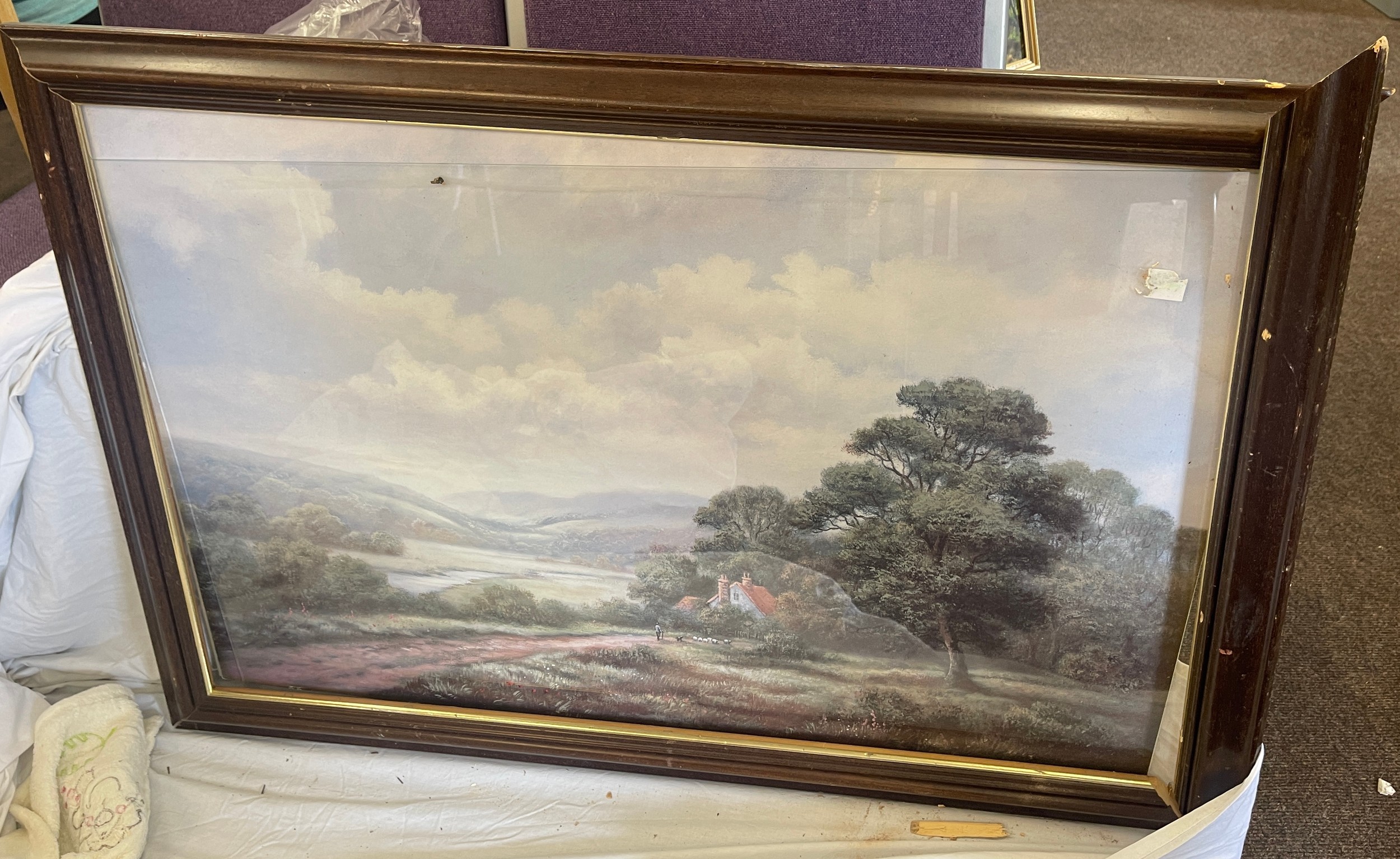 Large framed print, frame does need repair, approximate measurements: Height 29 inches Length 40