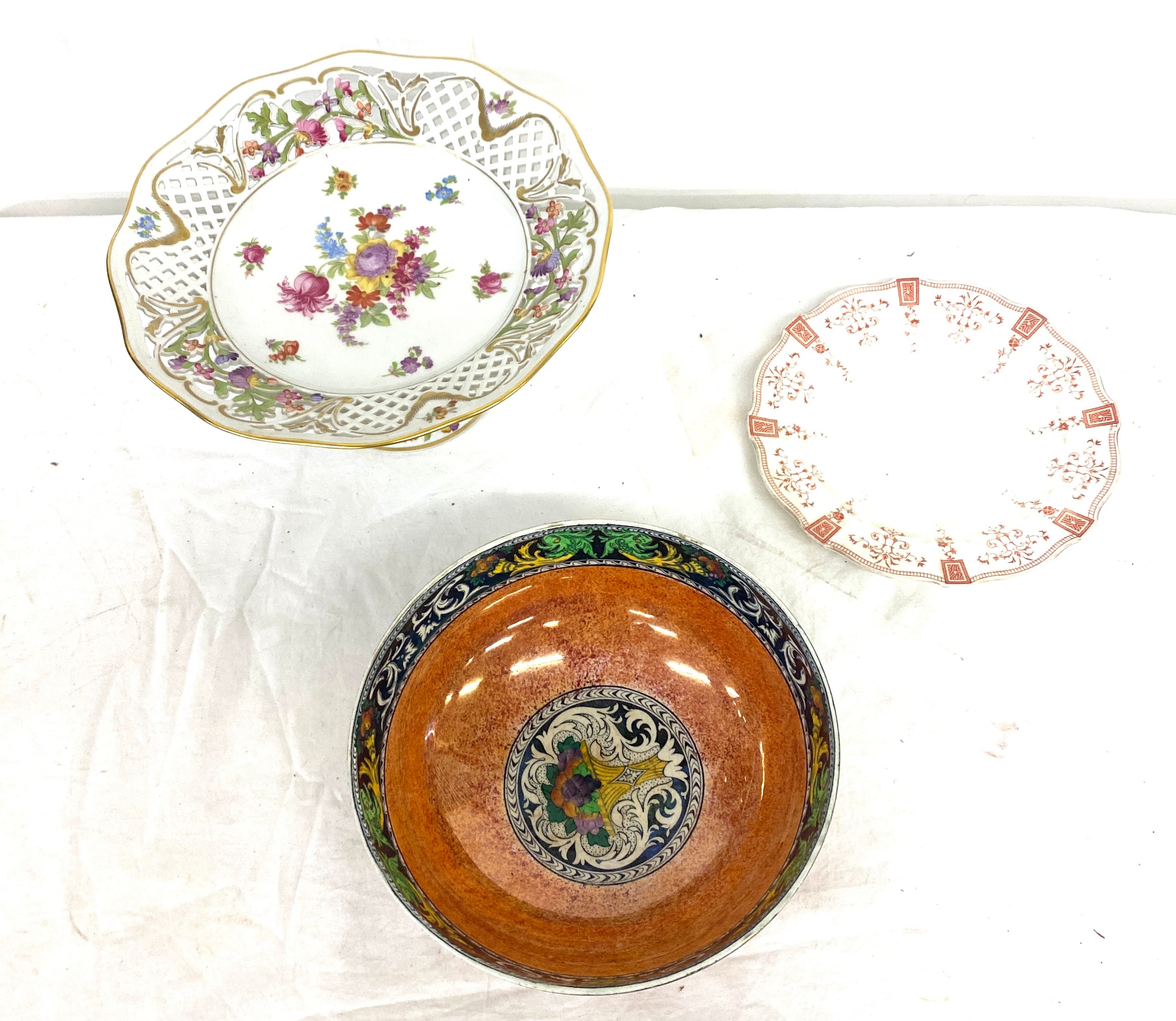 3 pieces of pottery to include early Crown Derby plate, Maling bowl, Bavaria comport, all in good