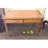 Oak two draw leather top library table, does have damage to one corner, approximately measuring