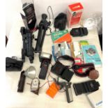 Selection of camera accessories / equipment to include flashes, tripods etc