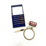 Set cased corn forks, oxo cube small tin, handheld mirror