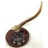 Vintage pipe stand with carved horn lizard and Bohemian glass pot, damage to glass pot