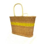 1950s 1960s Vintage retro yellow stripe coloured wicker shopping basket picnic bag