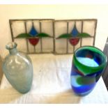 2 small stained glass windows 14 x 12 inches, coloured vase and one other,