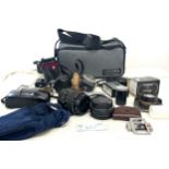 Selection of assorted cameras and accessories includes Nikon coolplex L3, Ilford plate, Olympus