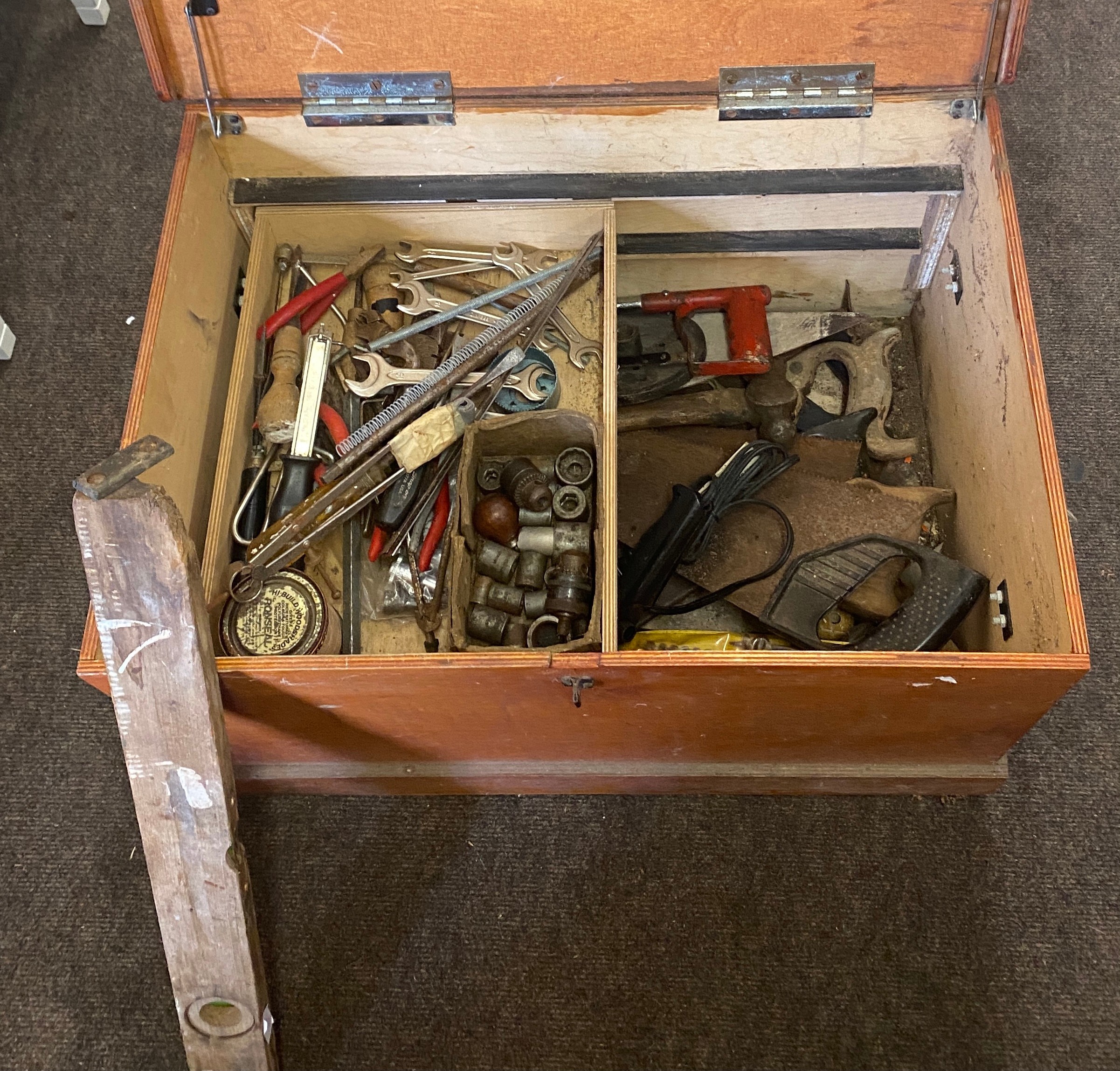 Large tool box with tools, to include spanners, saws, screwdrivers, sockets etc.