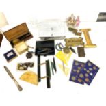 Selection of miscellaneous to include brassware, weighing scales, protector set, watch parts,