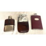Selection of 3 vintage silver plated, glass and leather hip flasks