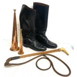 2 Copper / brass hunting horns, riding crop and hunting boots