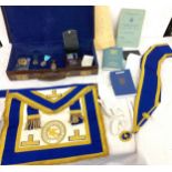 Cased Masonic jewelled apron, papers, medals, gloves etc