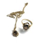 2 x 9ct gold vintage smoky quartz pendant necklace & ring (3.8g)